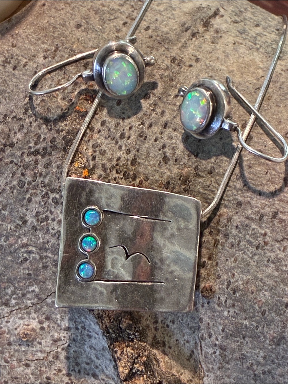 Sterling Silver Fire Opal Pendant Necklace and Dangle Earrings Set
